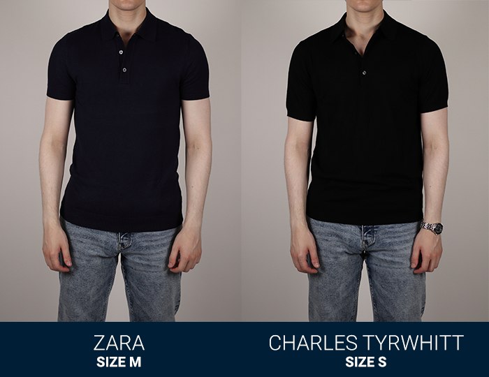 A comparison between Zara size M and Charles Tyrwhitt size S.